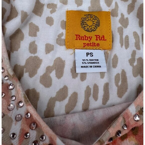 Ruby Rd. Women's Petite Small Leopard Print 3/4 Sleeve Tunic Top Rhinestone - Picture 2 of 4